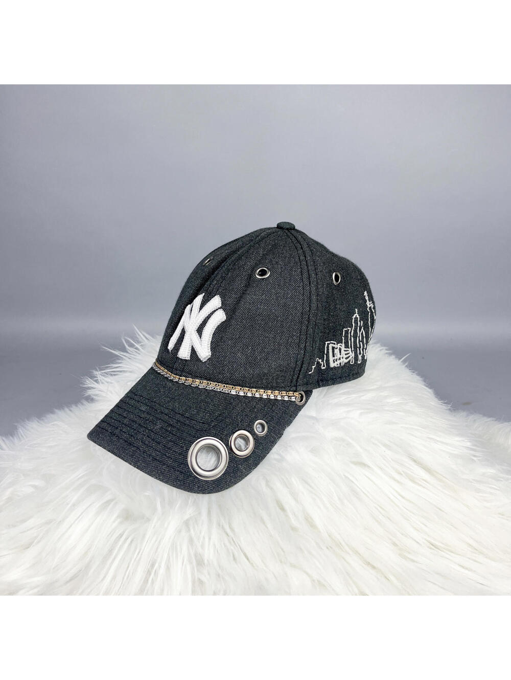 Upcycled NY Yankees Baseball Cap, New York Skyline Embroidery, Grommets & Chain